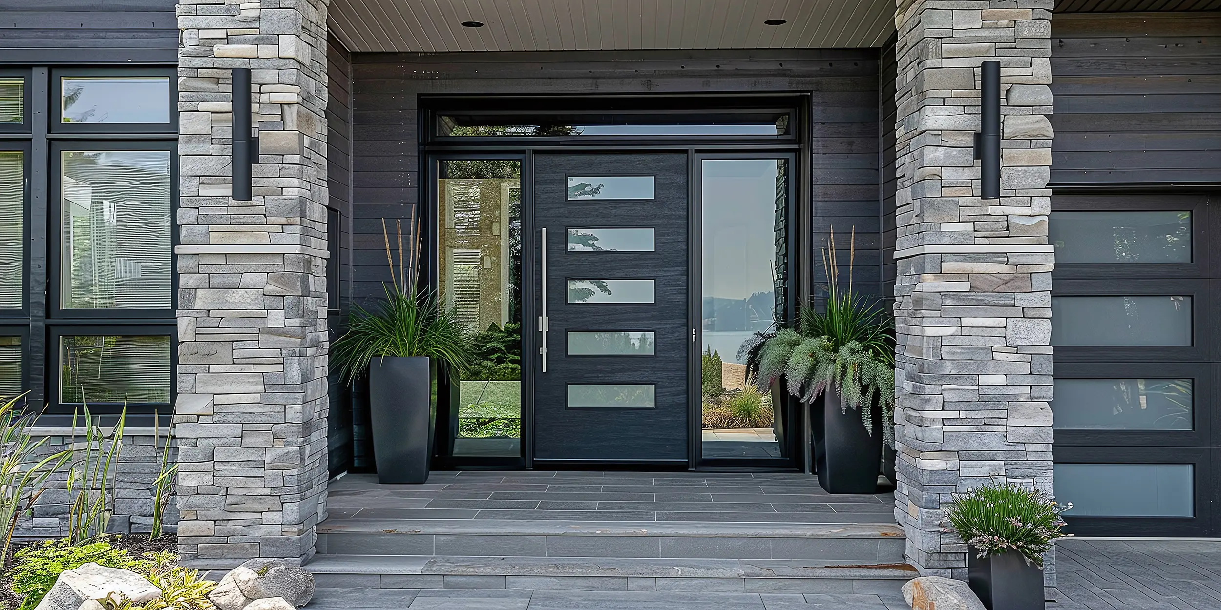 Black door with horizontal glass inserts