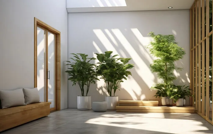 Sunlit interior with windows and plants