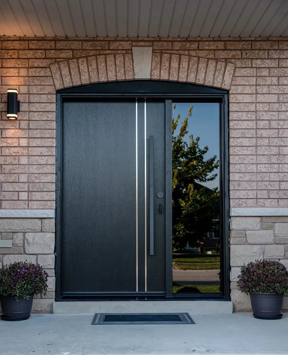 Black entrance door with vertical inlays under a brick arch