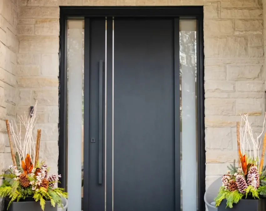 Black entrance door with two frosted sidelites in a stone porch