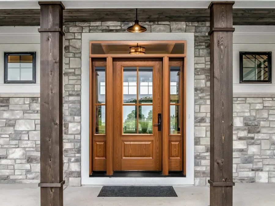 Oak-finish entrance door with glass and sidelites