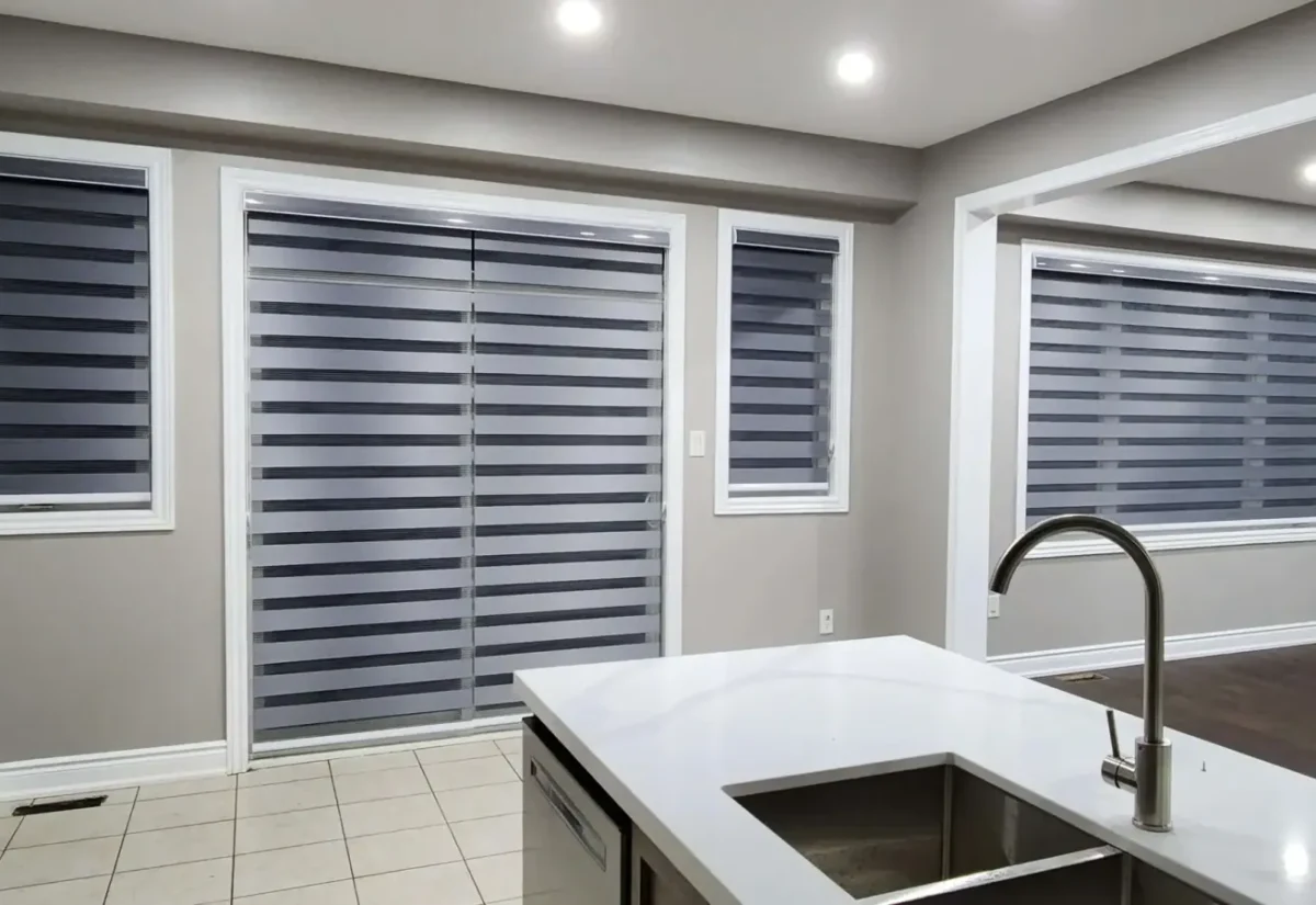 Windows with zebra blinds