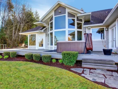 Floor-to-ceiling picture windows on a gabled facade