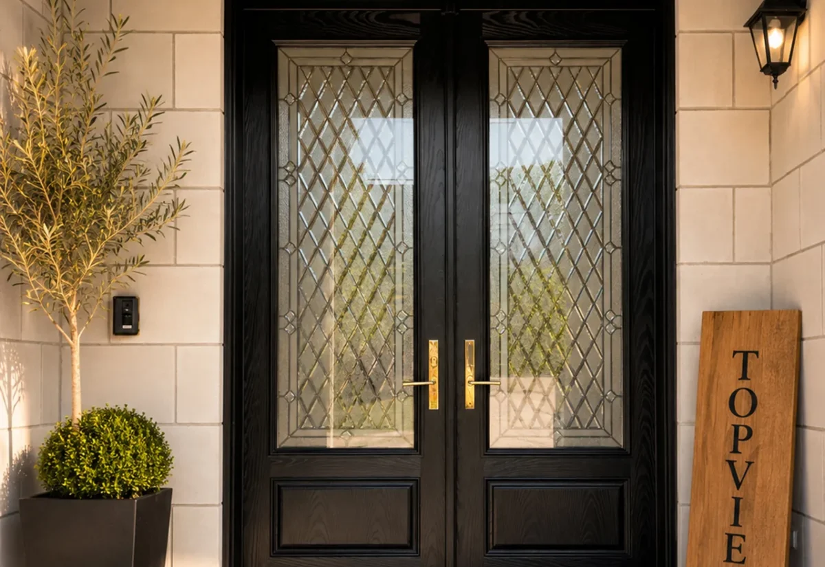 Double entry door with leaded glass