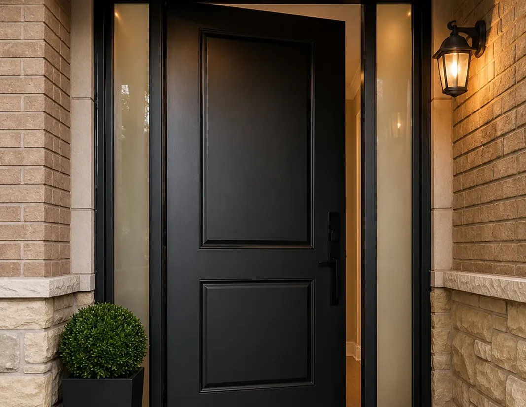 Black entry door with glazed panel